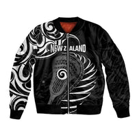 Personalised New Zealand Silver Fern Lacrosse Bomber Jacket Aotearoa Maori Pattern LT14 Unisex Black - Polynesian Pride