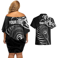 Personalised New Zealand Silver Fern Lacrosse Couples Matching Off Shoulder Short Dress and Hawaiian Shirt Aotearoa Maori Pattern
