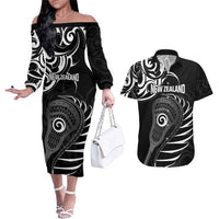 Personalised New Zealand Silver Fern Lacrosse Couples Matching Off The Shoulder Long Sleeve Dress and Hawaiian Shirt Aotearoa Maori Pattern