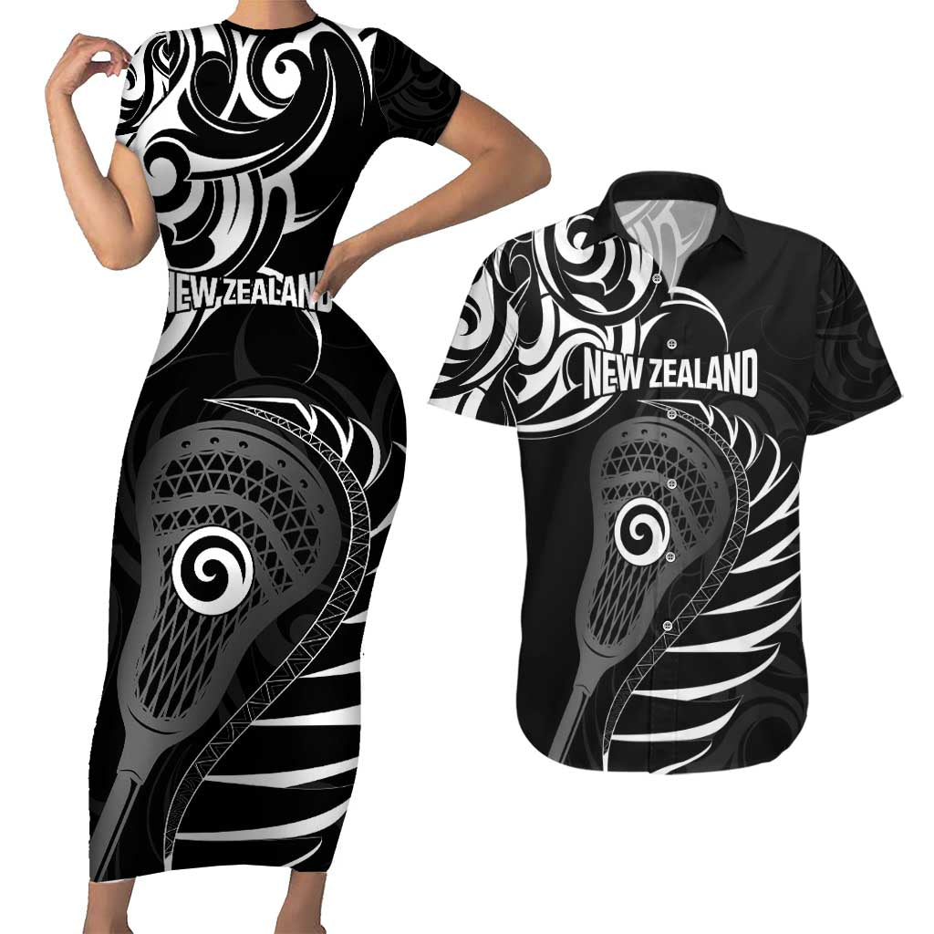 Personalised New Zealand Silver Fern Lacrosse Couples Matching Short Sleeve Bodycon Dress and Hawaiian Shirt Aotearoa Maori Pattern