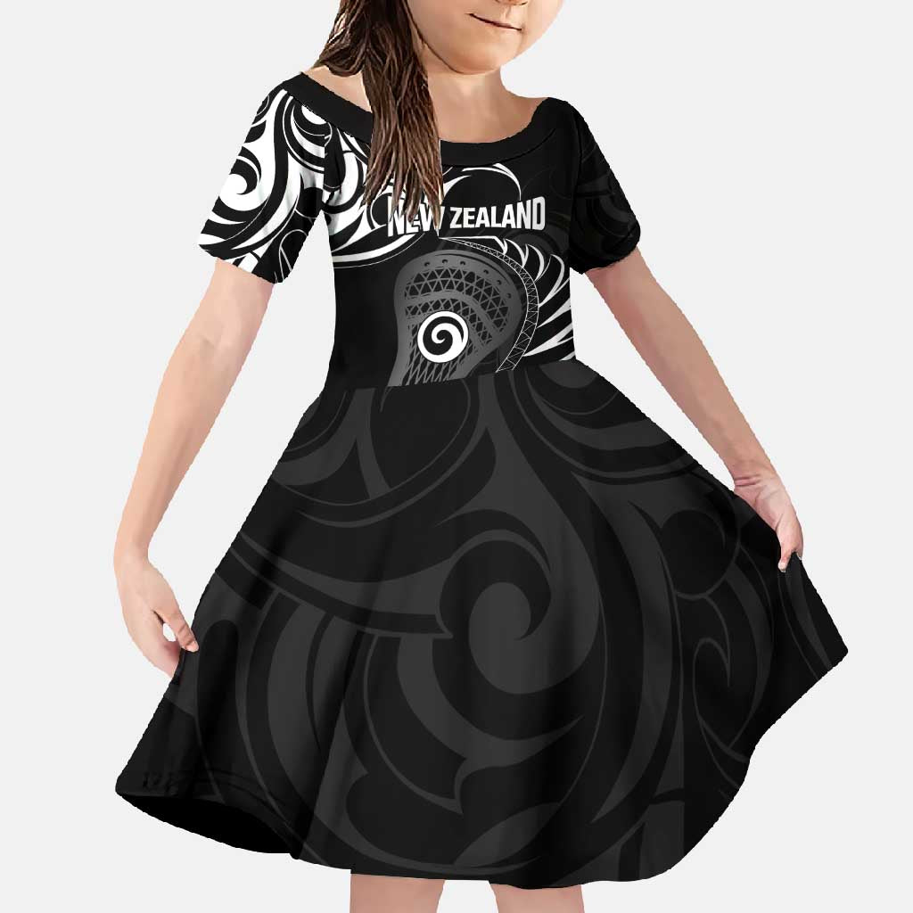 Personalised New Zealand Silver Fern Lacrosse Family Matching Long Sleeve Bodycon Dress and Hawaiian Shirt Aotearoa Maori Pattern LT14 Daughter's Dress Black - Polynesian Pride