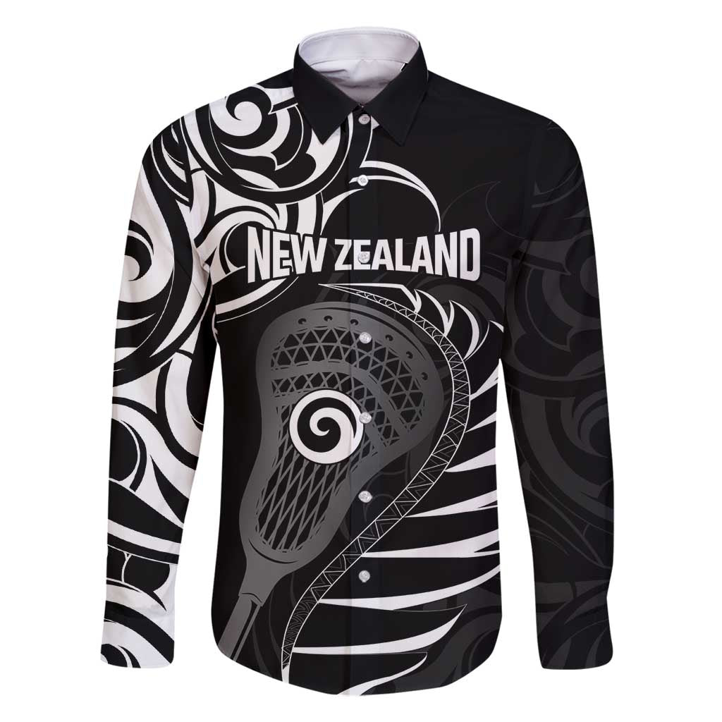 Personalised New Zealand Silver Fern Lacrosse Family Matching Long Sleeve Bodycon Dress and Hawaiian Shirt Aotearoa Maori Pattern LT14 Dad's Shirt - Long Sleeve Black - Polynesian Pride