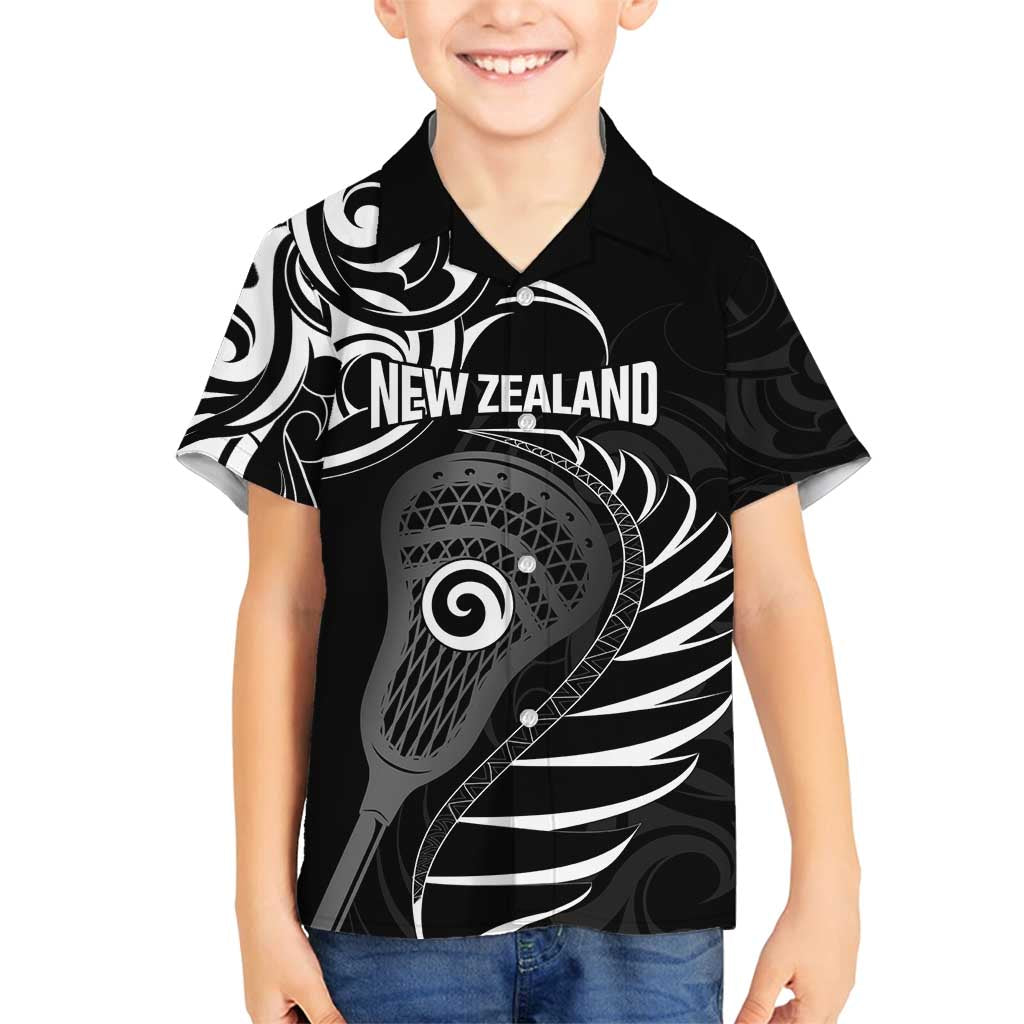 Personalised New Zealand Silver Fern Lacrosse Family Matching Long Sleeve Bodycon Dress and Hawaiian Shirt Aotearoa Maori Pattern LT14 Son's Shirt Black - Polynesian Pride
