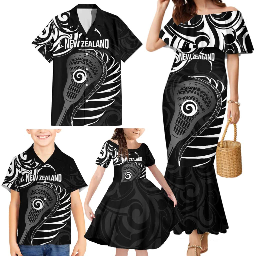 Personalised New Zealand Silver Fern Lacrosse Family Matching Mermaid Dress and Hawaiian Shirt Aotearoa Maori Pattern