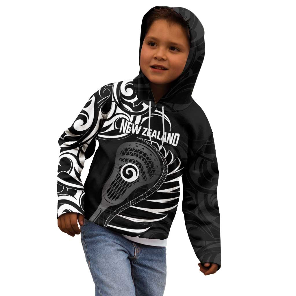 Personalised New Zealand Silver Fern Lacrosse Kid Hoodie Aotearoa Maori Pattern