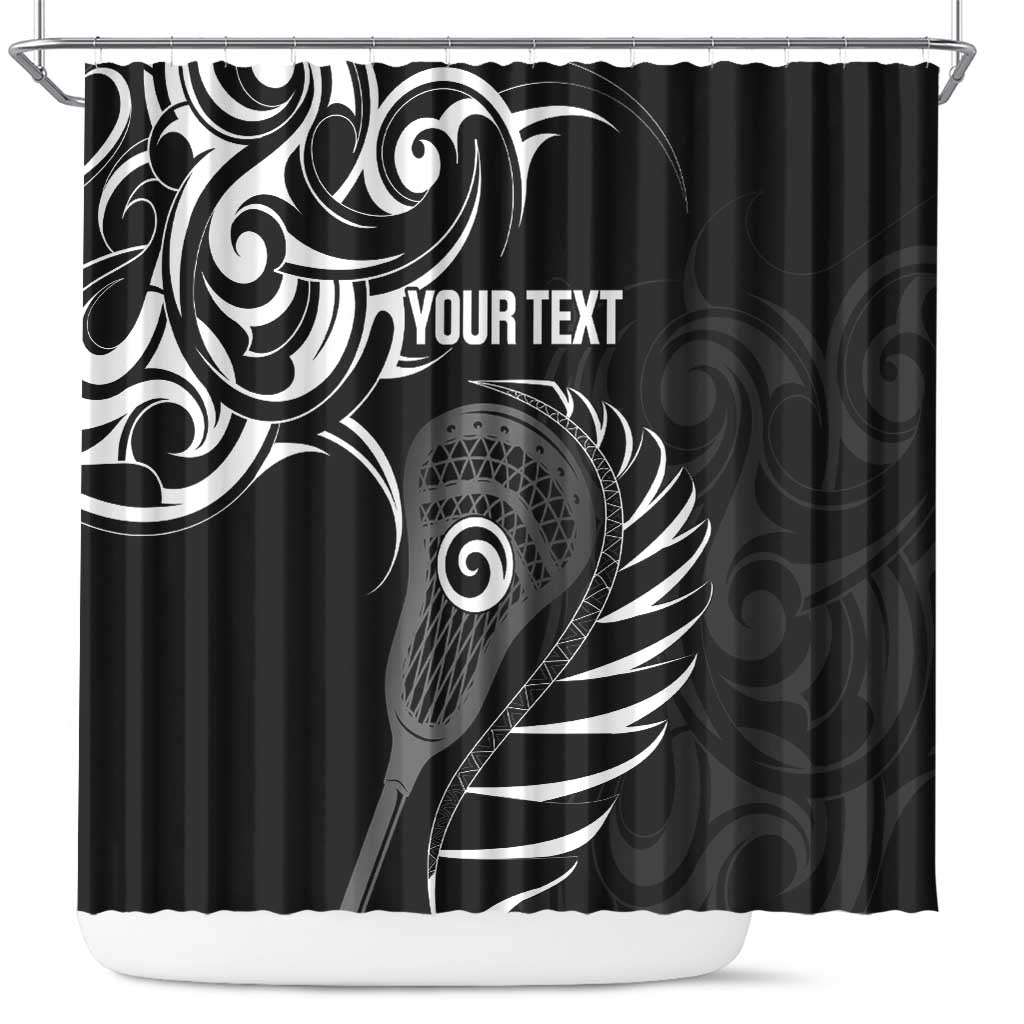 Personalised New Zealand Silver Fern Lacrosse Shower Curtain Aotearoa Maori Pattern LT14 Black - Polynesian Pride