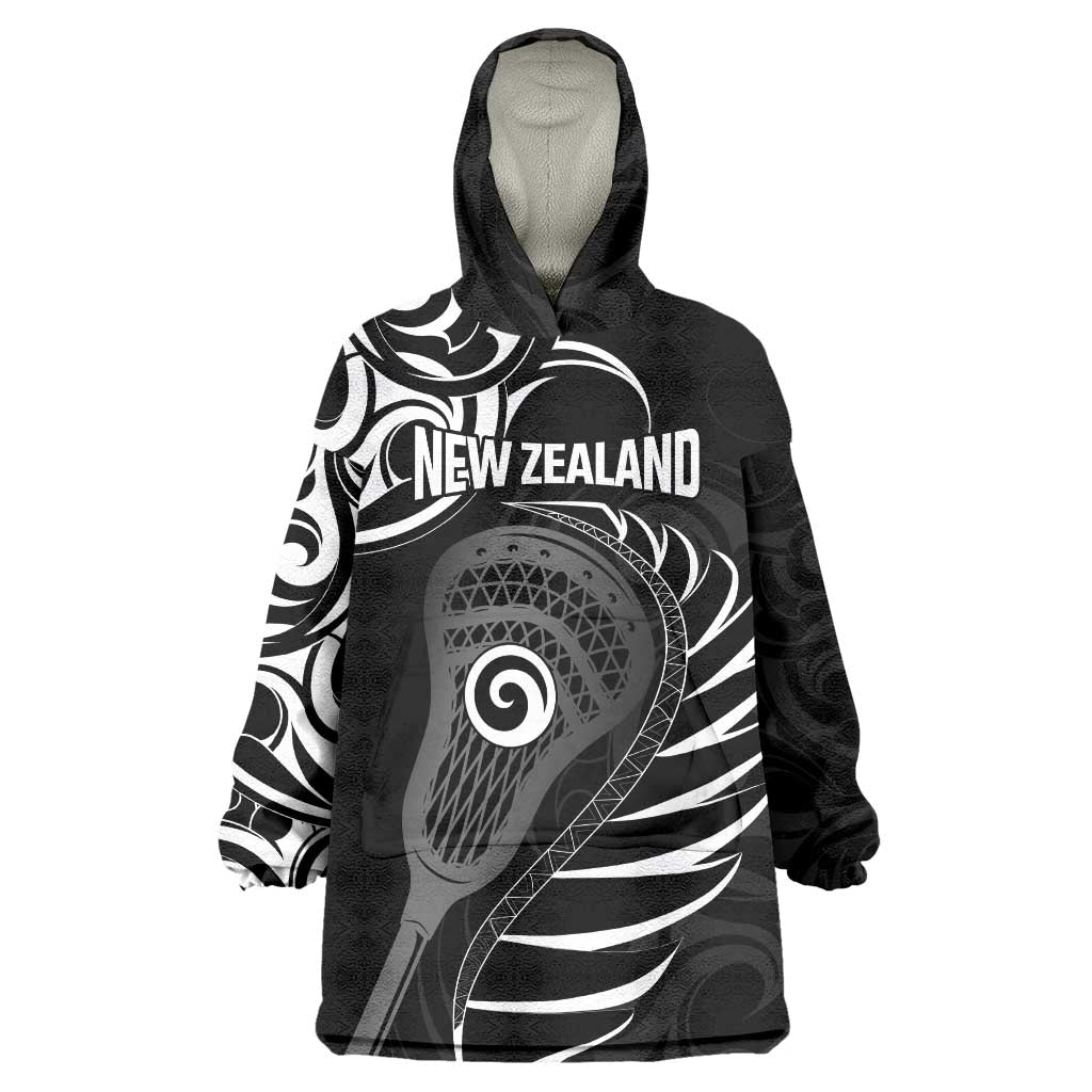 Personalised New Zealand Silver Fern Lacrosse Wearable Blanket Hoodie Aotearoa Maori Pattern LT14 One Size Black - Polynesian Pride