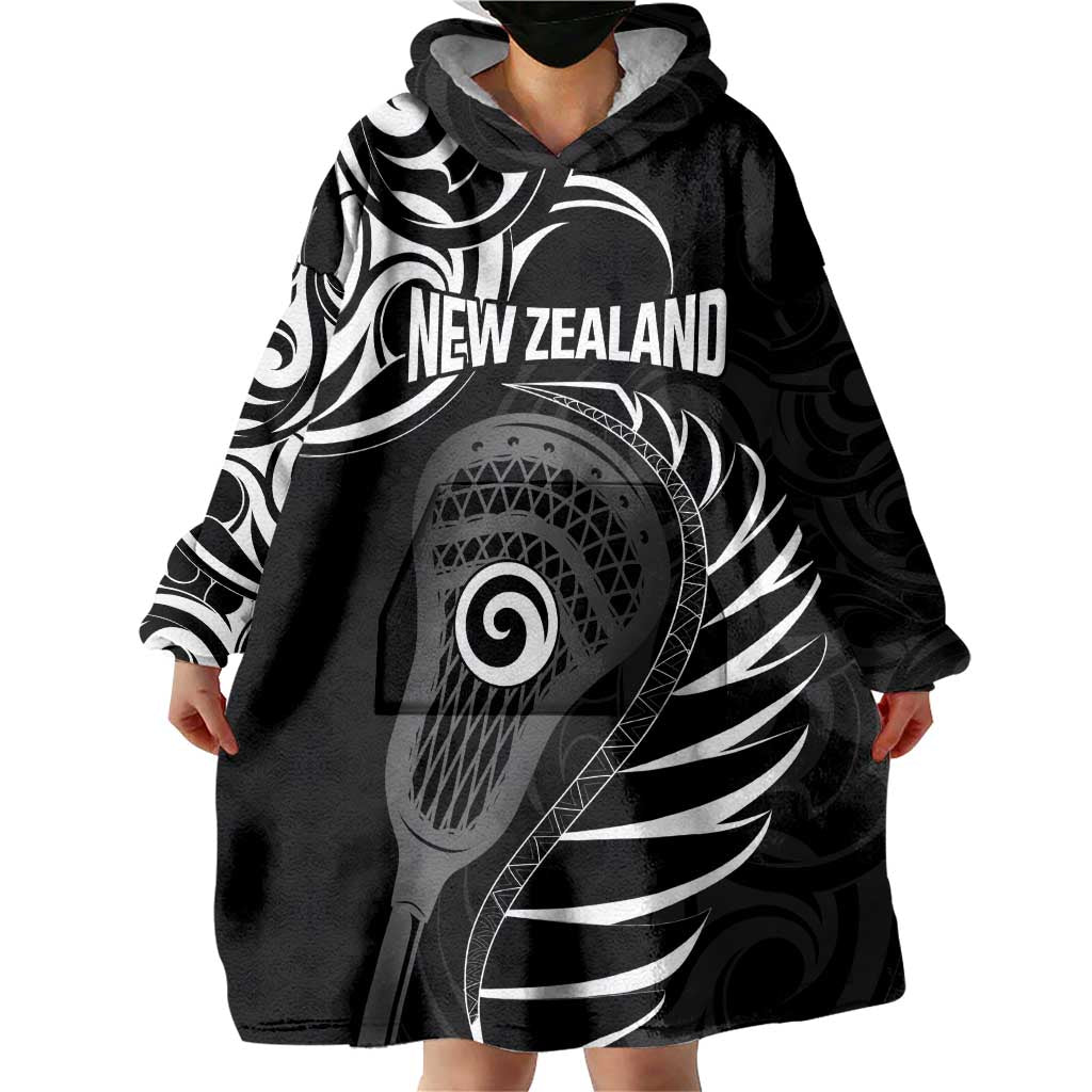 Personalised New Zealand Silver Fern Lacrosse Wearable Blanket Hoodie Aotearoa Maori Pattern