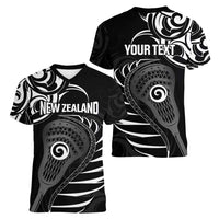 Personalised New Zealand Silver Fern Lacrosse Women V-Neck T-Shirt Aotearoa Maori Pattern