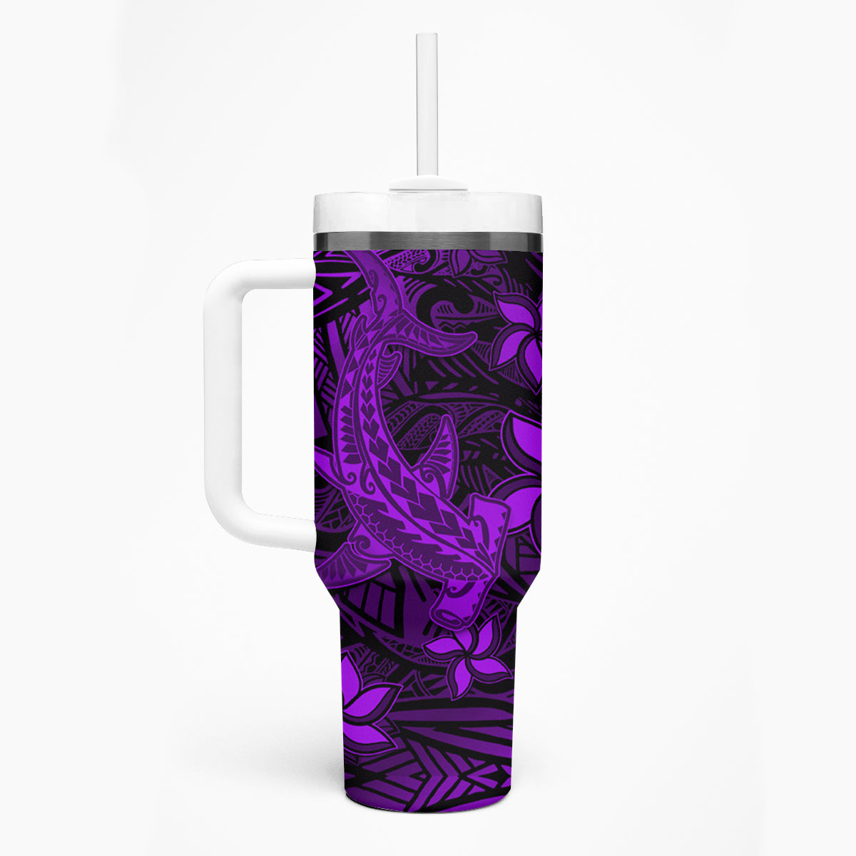 Polynesian Tumbler With Handle Purple Hawaiian Tribal Hammerhead Shark