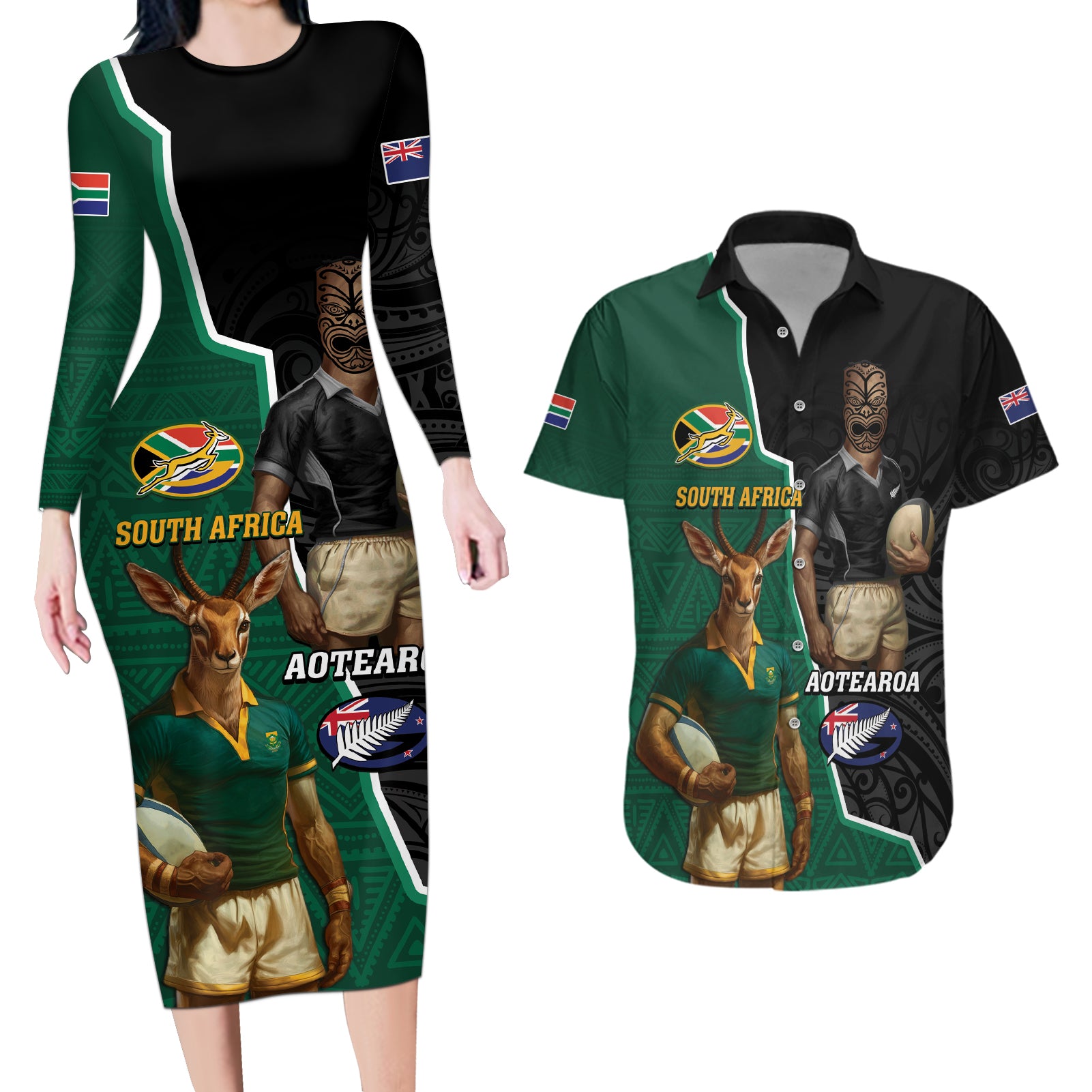 Personalised New Zealand And South Africa Rugby Couples Matching Long Sleeve Bodycon Dress and Hawaiian Shirt 2024 All Black Springboks Mascots Together