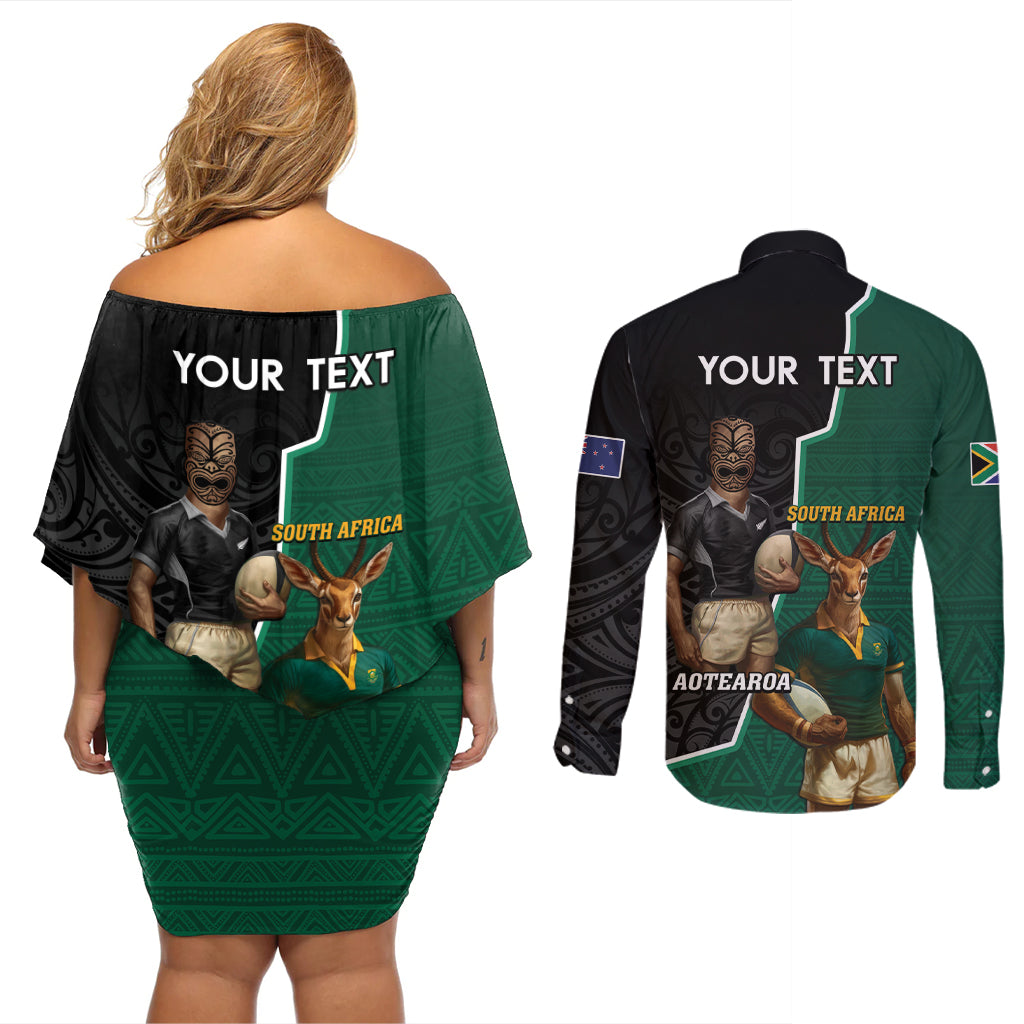 Personalised New Zealand And South Africa Rugby Couples Matching Off Shoulder Short Dress and Long Sleeve Button Shirt 2024 All Black Springboks Mascots Together