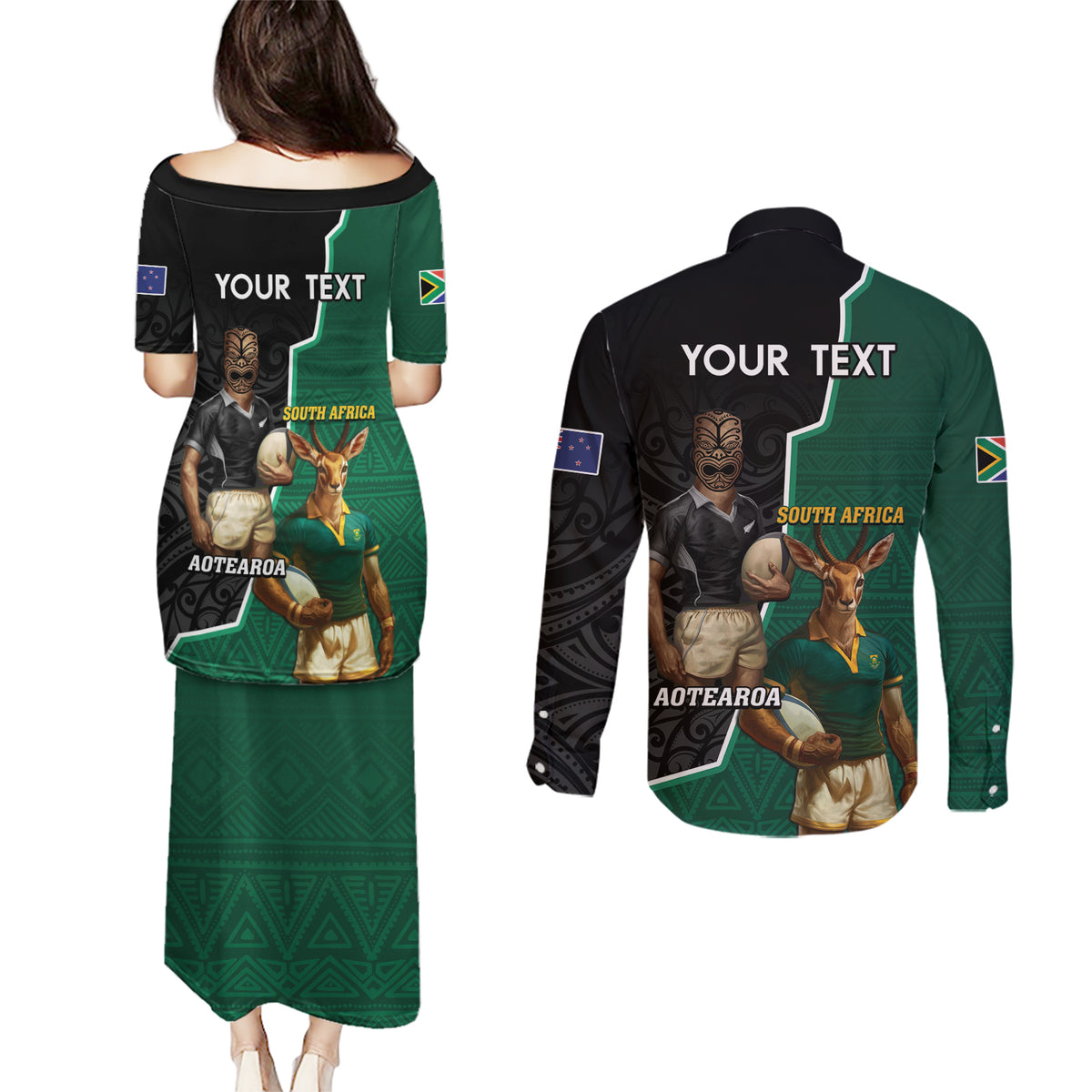 Personalised New Zealand And South Africa Rugby Couples Matching Puletasi and Long Sleeve Button Shirt 2024 All Black Springboks Mascots Together