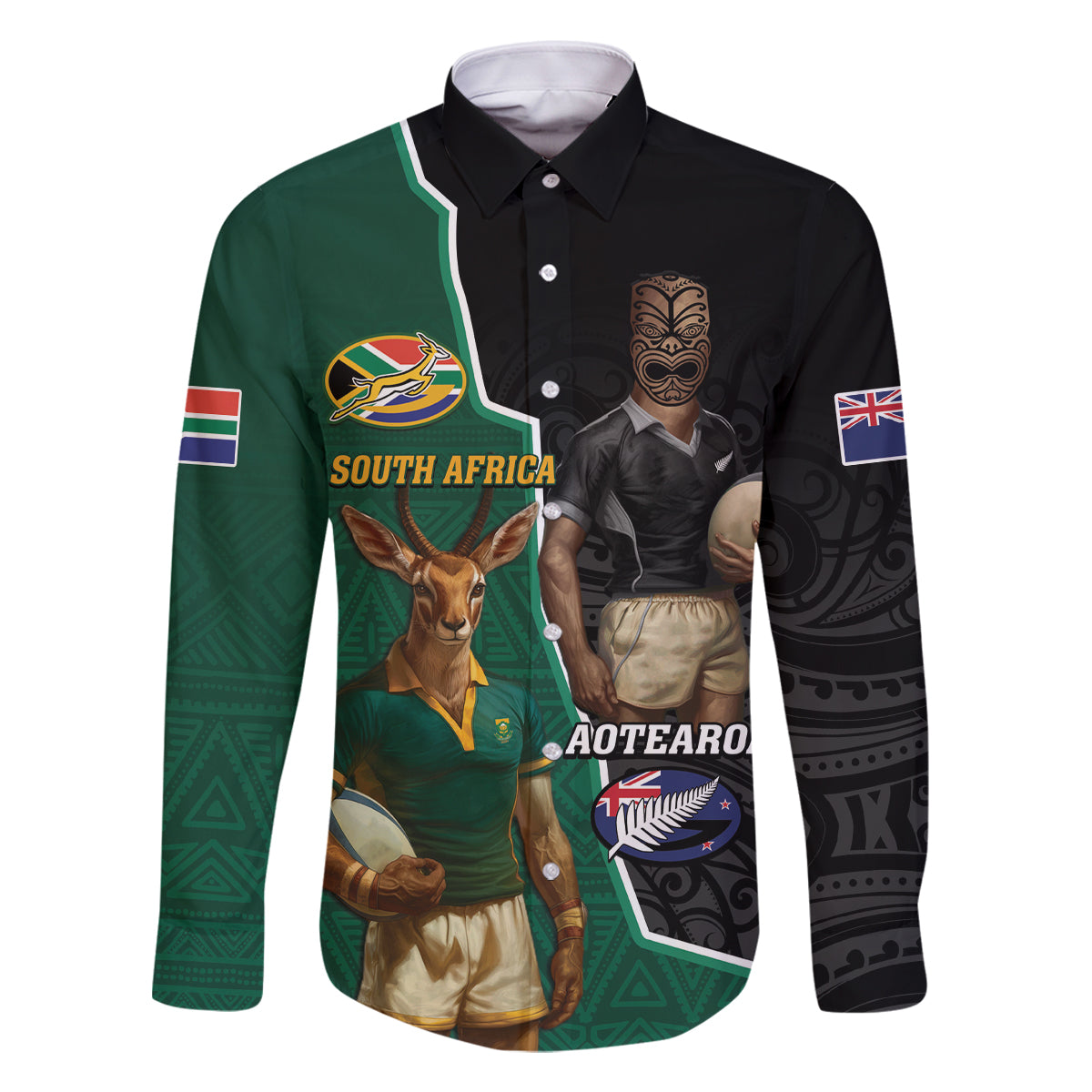 Personalised New Zealand And South Africa Rugby Family Matching Mermaid Dress and Hawaiian Shirt 2024 All Black Springboks Mascots Together