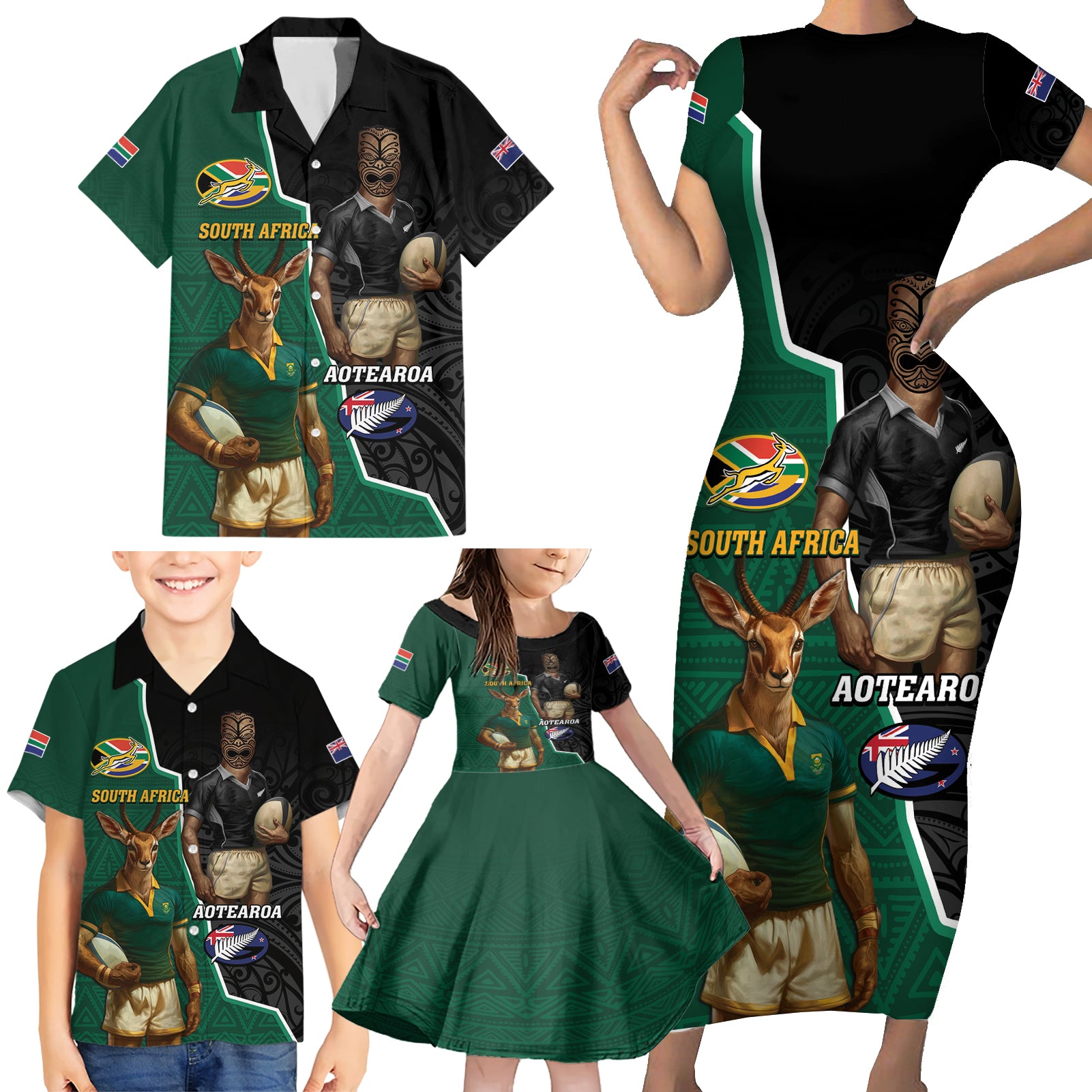 Personalised New Zealand And South Africa Rugby Family Matching Short Sleeve Bodycon Dress and Hawaiian Shirt 2024 All Black Springboks Mascots Together