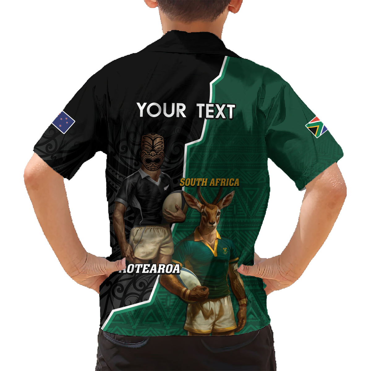 Personalised New Zealand And South Africa Rugby Hawaiian Shirt 2024 All Black Springboks Mascots Together