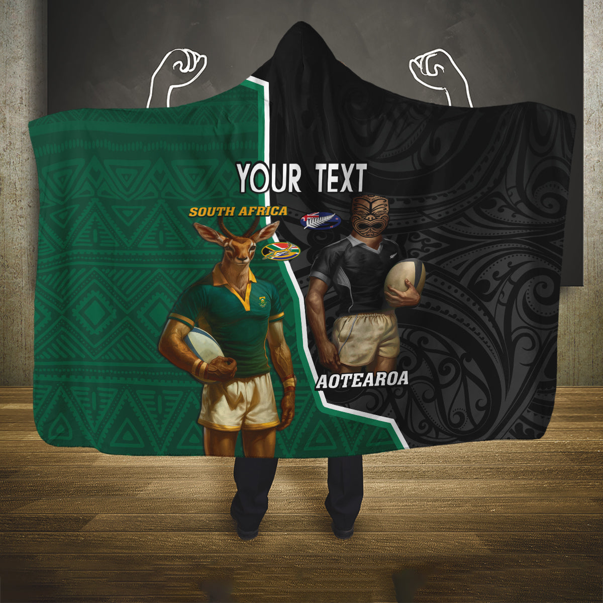 Personalised New Zealand And South Africa Rugby Hooded Blanket 2024 All Black Springboks Mascots Together