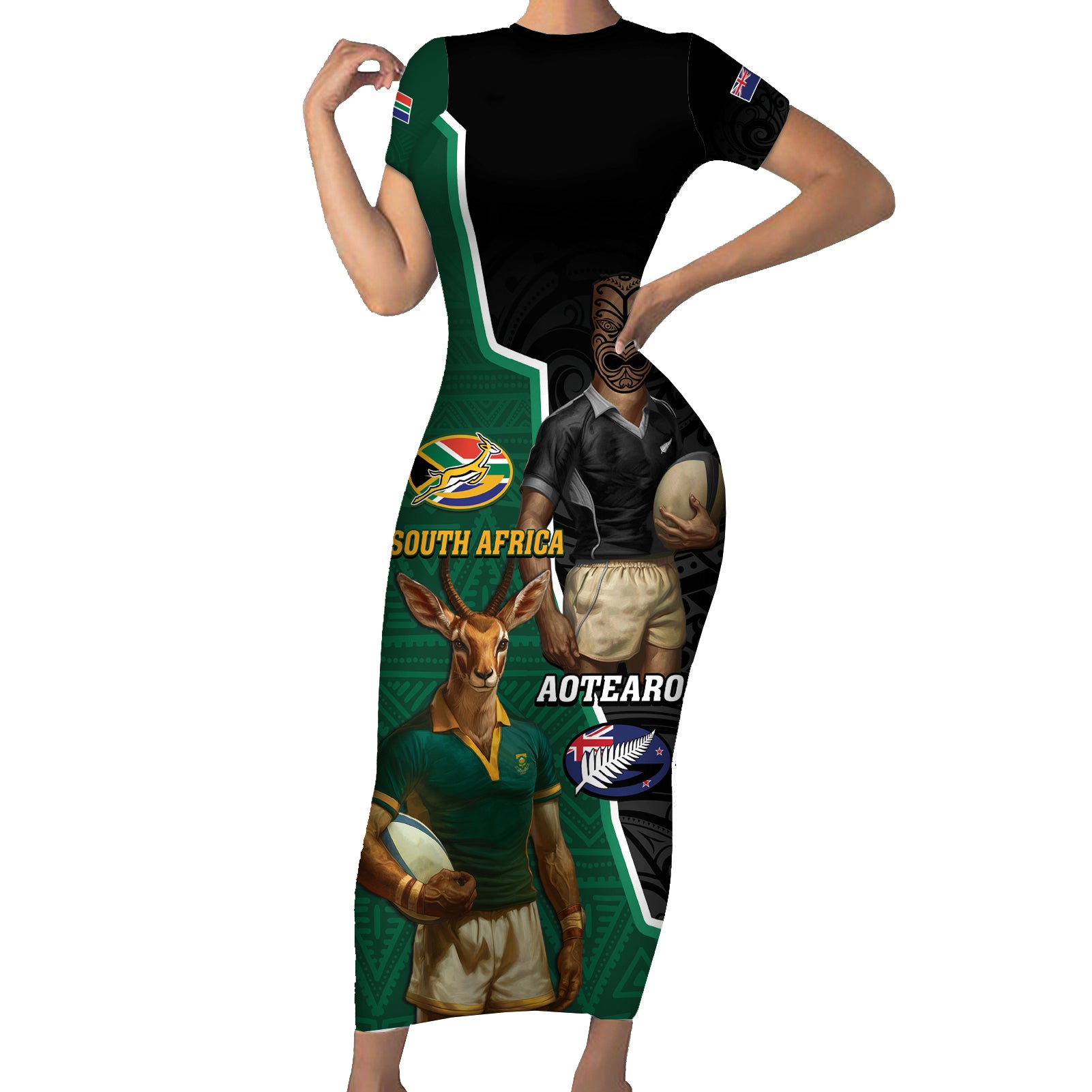 Personalised New Zealand And South Africa Rugby Short Sleeve Bodycon Dress 2024 All Black Springboks Mascots Together