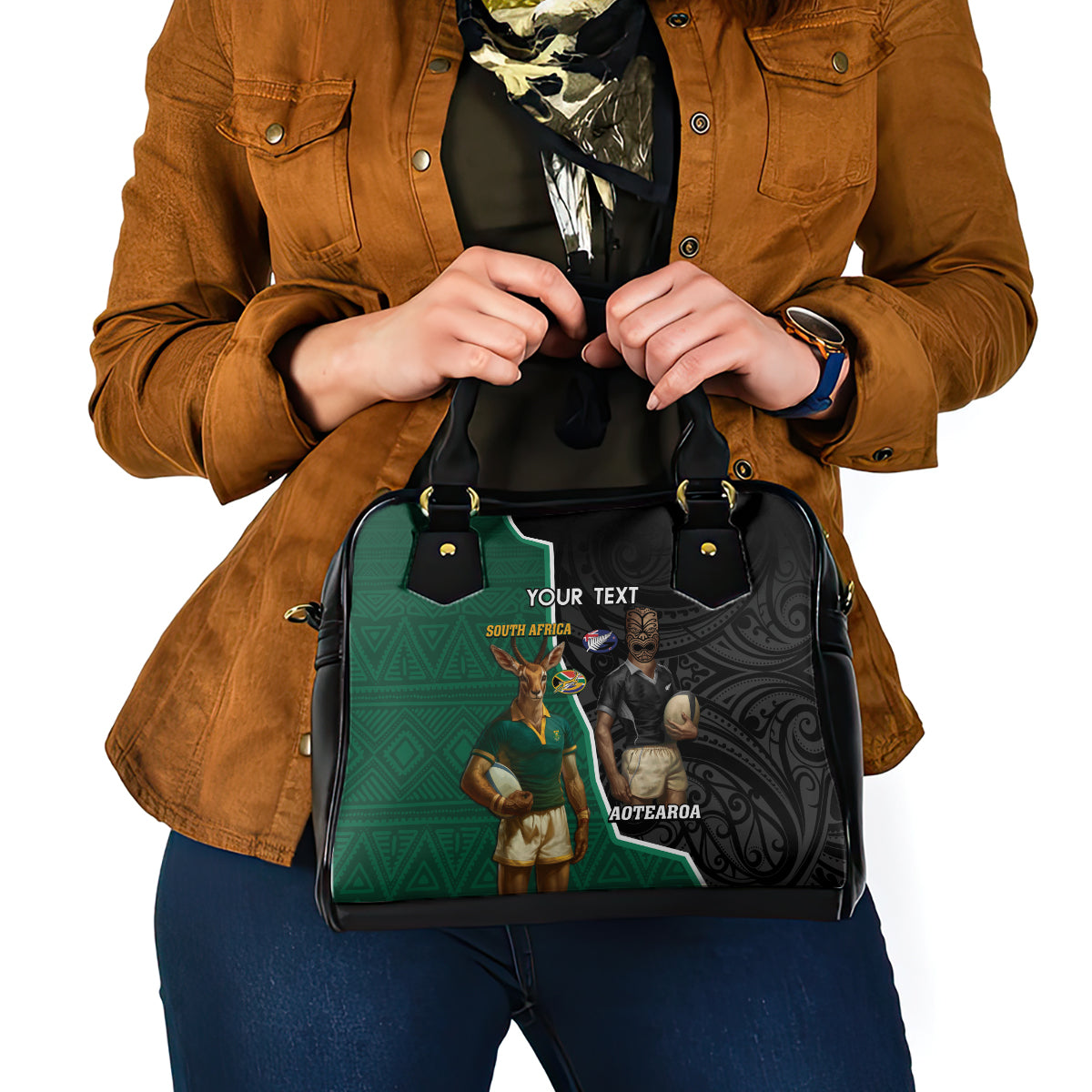 Personalised New Zealand And South Africa Rugby Shoulder Handbag 2024 All Black Springboks Mascots Together