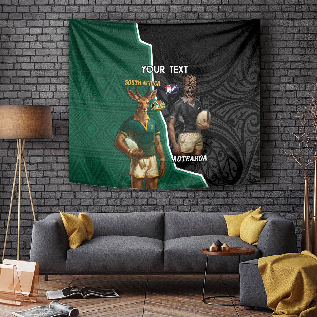 Personalised New Zealand And South Africa Rugby Tapestry 2024 All Black Springboks Mascots Together