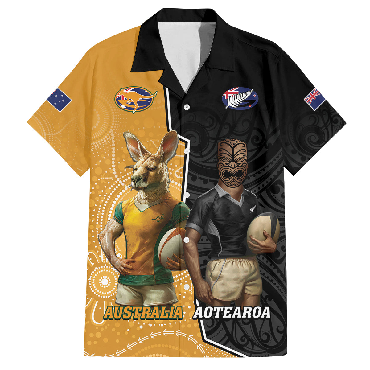 Personalised New Zealand And Australia Rugby Family Matching Off Shoulder Maxi Dress and Hawaiian Shirt 2024 All Black Wallabies Mascots Together