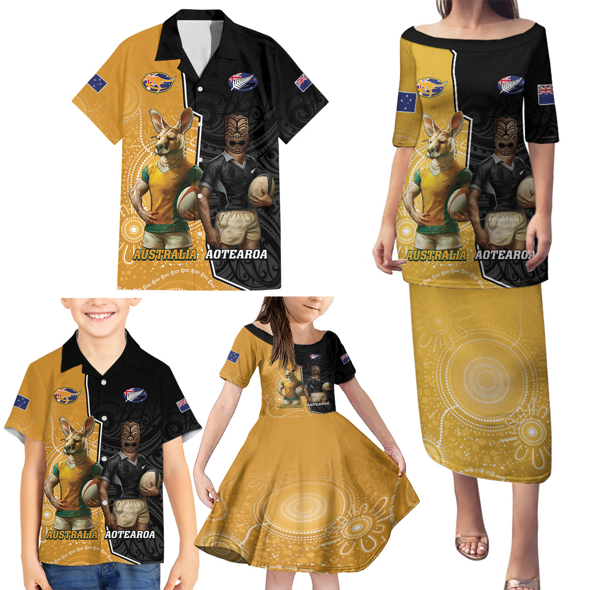 Personalised New Zealand And Australia Rugby Family Matching Puletasi and Hawaiian Shirt 2024 All Black Wallabies Mascots Together