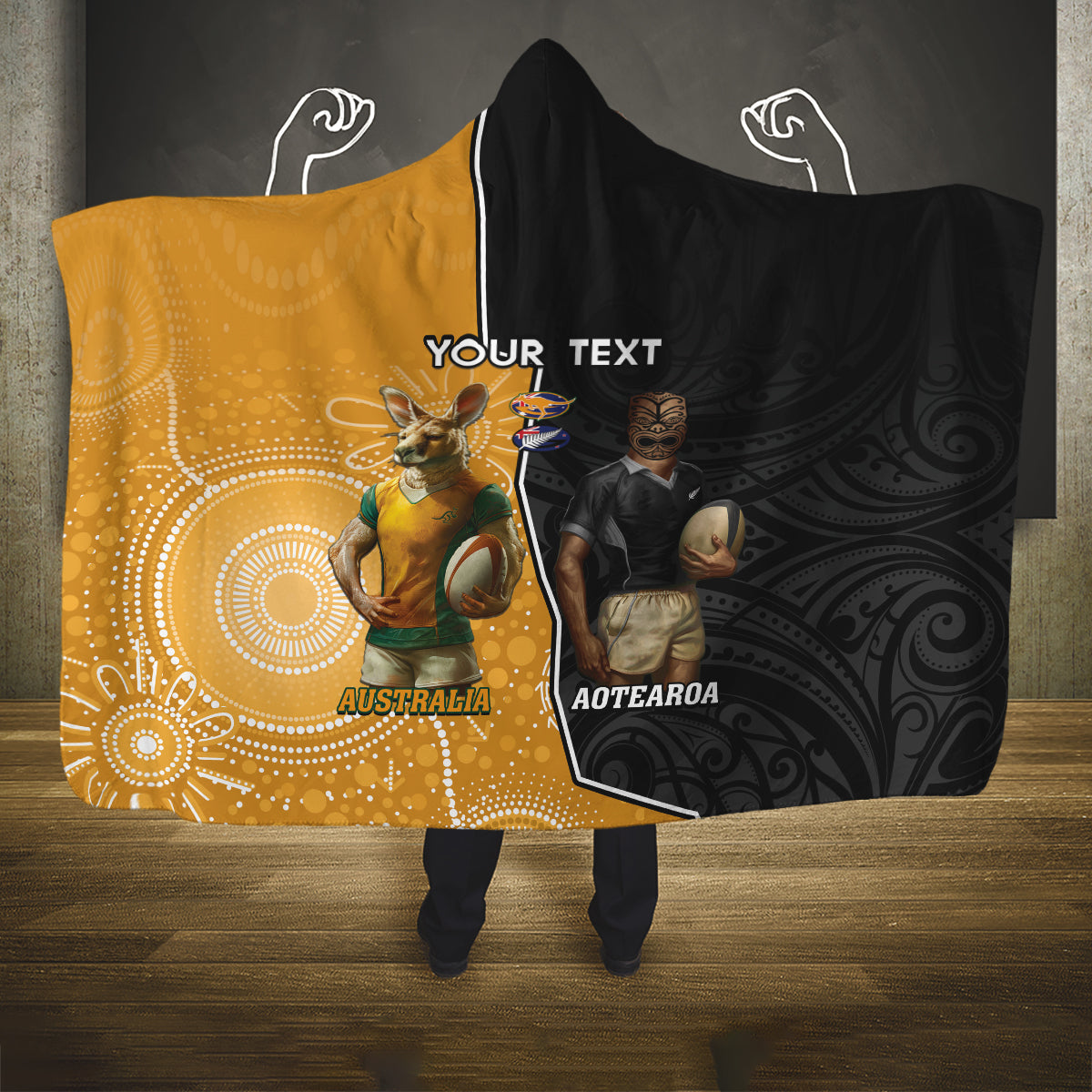 Personalised New Zealand And Australia Rugby Hooded Blanket 2024 All Black Wallabies Mascots Together