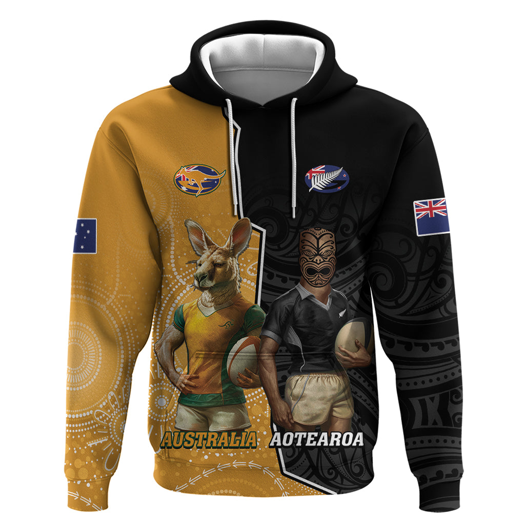 Personalised New Zealand And Australia Rugby Hoodie 2024 All Black Wallabies Mascots Together