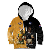 Personalised New Zealand And Australia Rugby Kid Hoodie 2024 All Black Wallabies Mascots Together