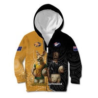 Personalised New Zealand And Australia Rugby Kid Hoodie 2024 All Black Wallabies Mascots Together