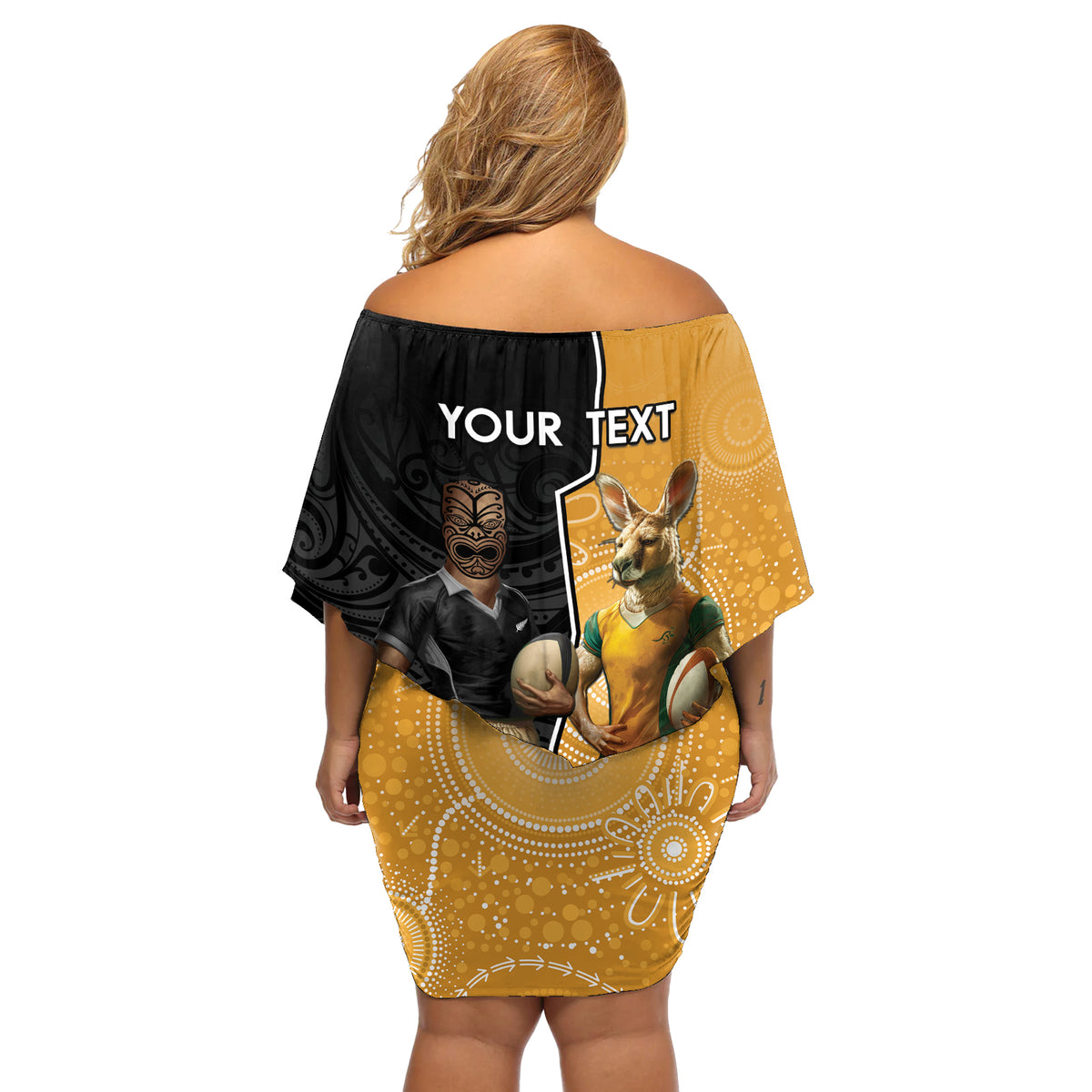 Personalised New Zealand And Australia Rugby Off Shoulder Short Dress 2024 All Black Wallabies Mascots Together