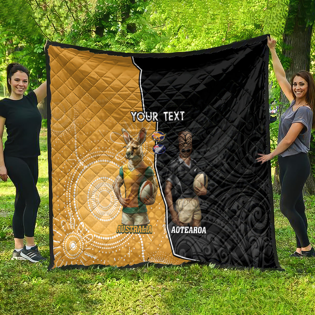 Personalised New Zealand And Australia Rugby Quilt 2024 All Black Wallabies Mascots Together