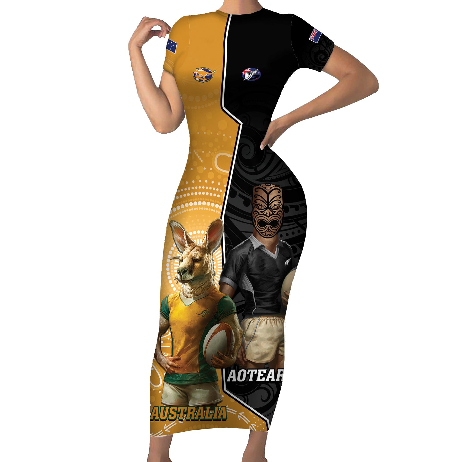 Personalised New Zealand And Australia Rugby Short Sleeve Bodycon Dress 2024 All Black Wallabies Mascots Together