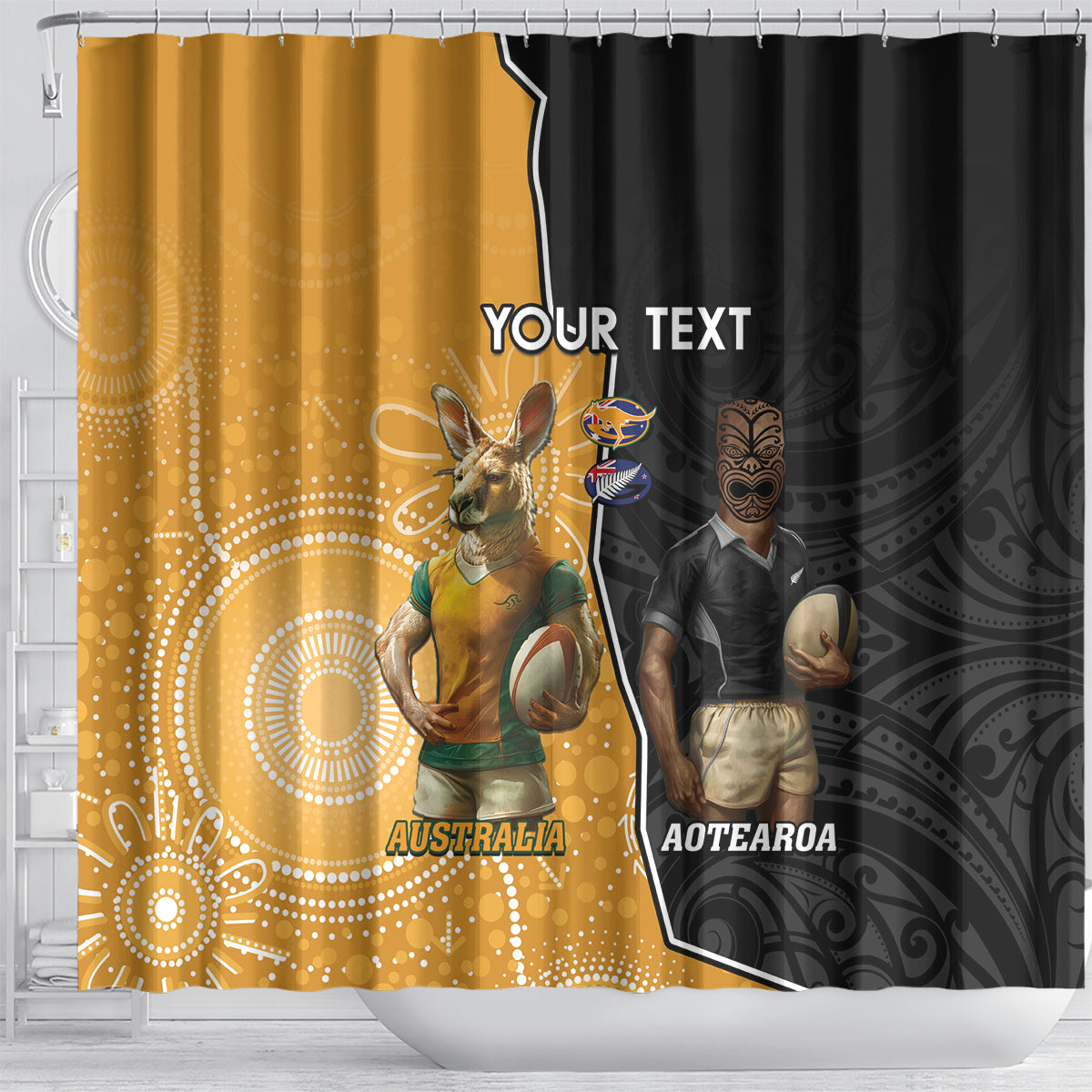 Personalised New Zealand And Australia Rugby Shower Curtain 2024 All Black Wallabies Mascots Together