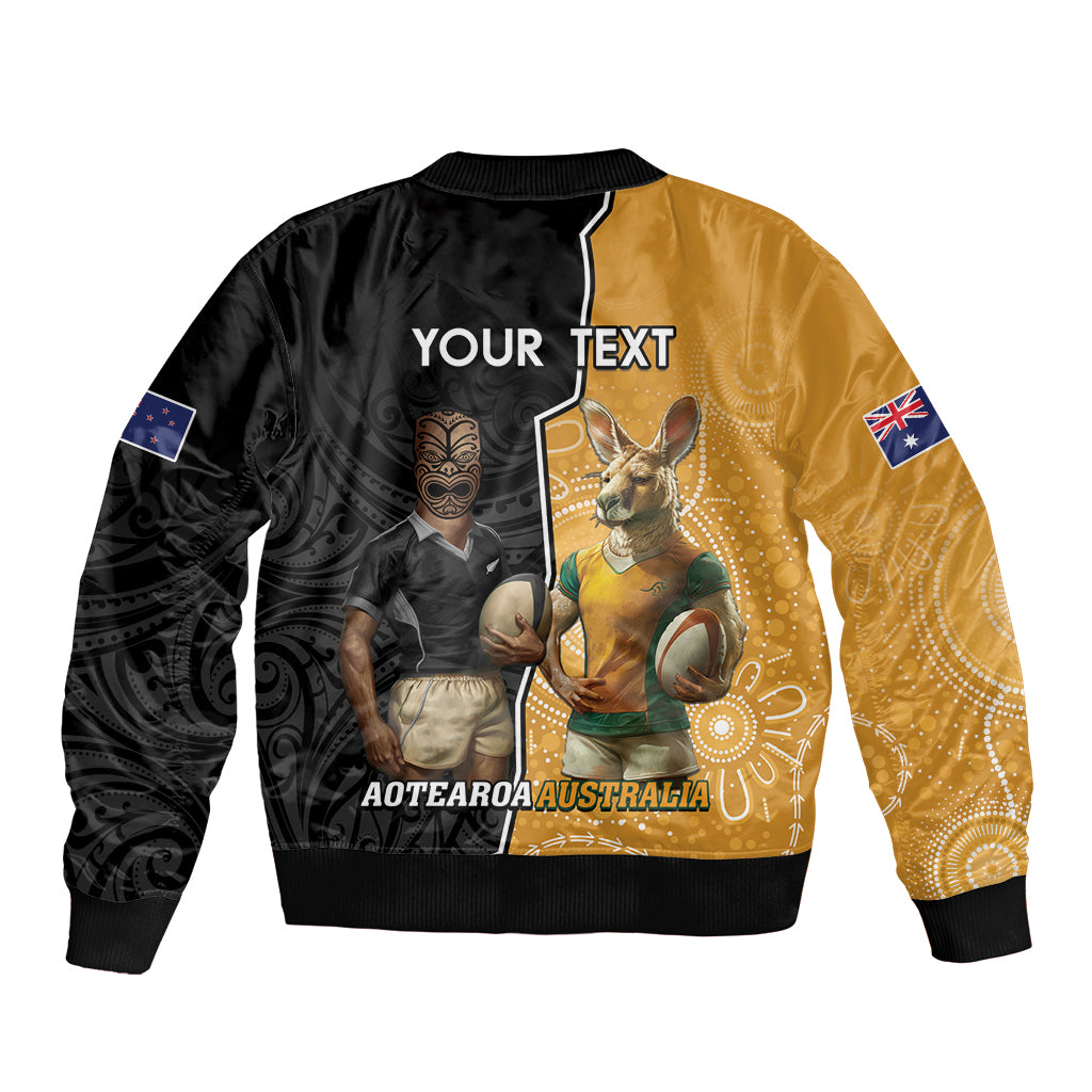 Personalised New Zealand And Australia Rugby Sleeve Zip Bomber Jacket 2024 All Black Wallabies Mascots Together