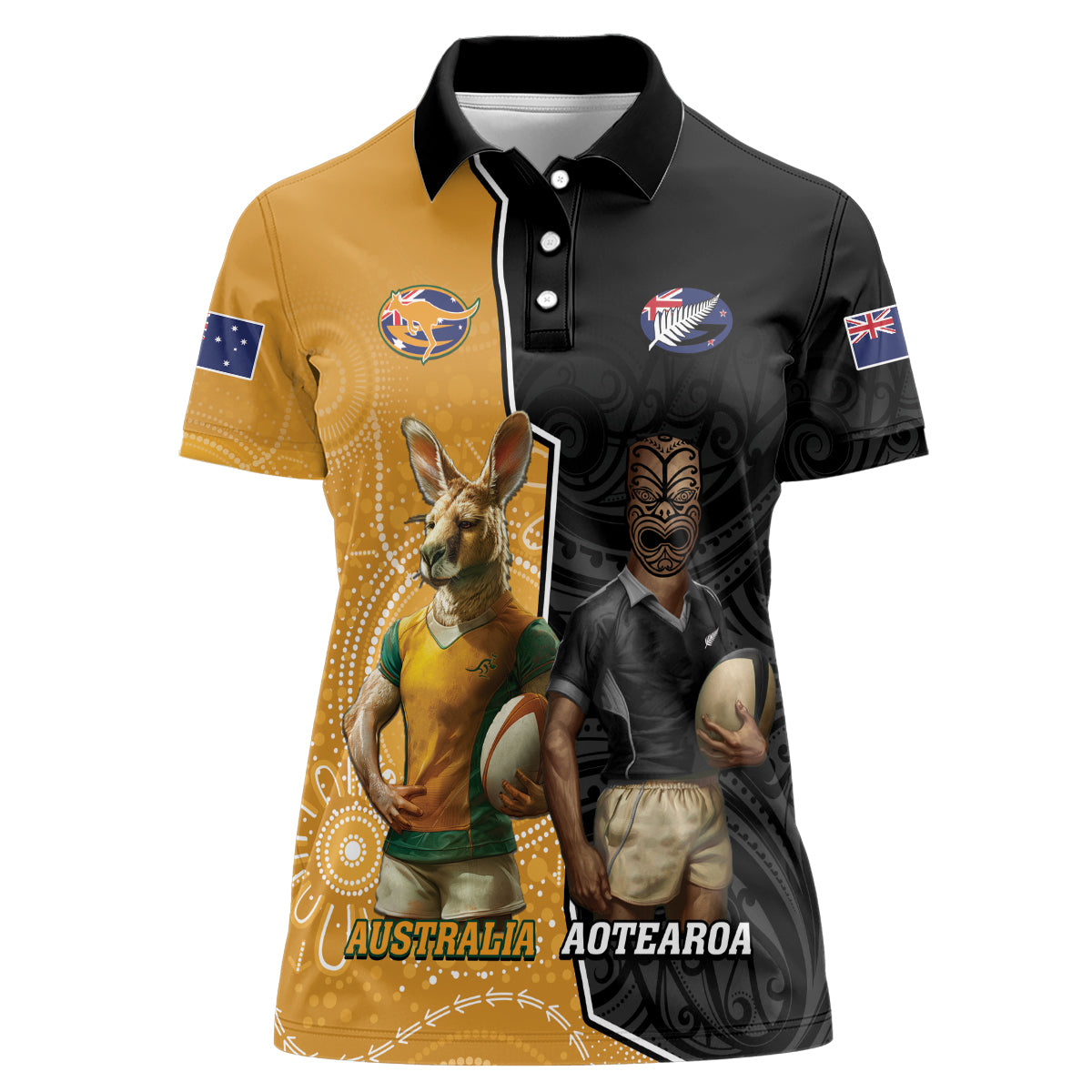 Personalised New Zealand And Australia Rugby Women Polo Shirt 2024 All Black Wallabies Mascots Together
