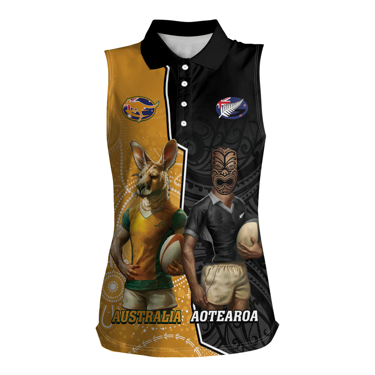Personalised New Zealand And Australia Rugby Women Sleeveless Polo Shirt 2024 All Black Wallabies Mascots Together