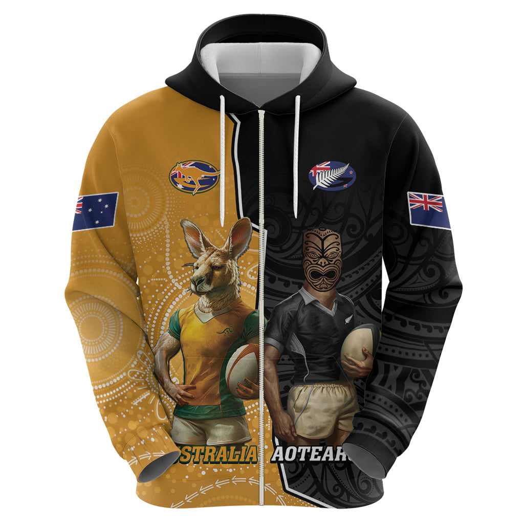 Personalised New Zealand And Australia Rugby Zip Hoodie 2024 All Black Wallabies Mascots Together