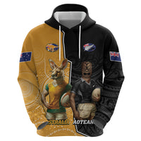 Personalised New Zealand And Australia Rugby Zip Hoodie 2024 All Black Wallabies Mascots Together