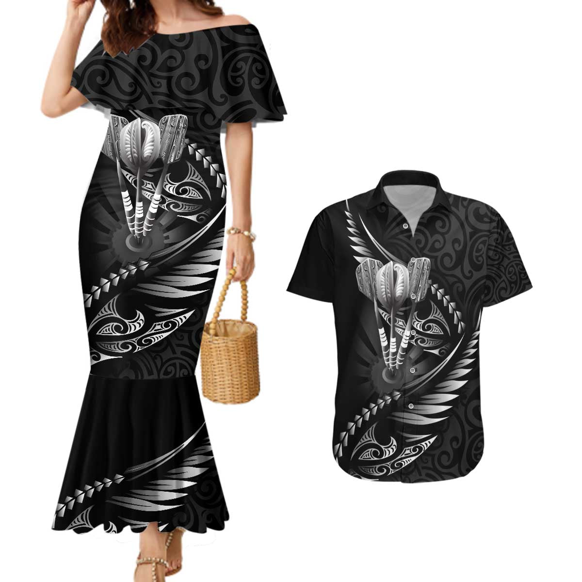 Personalised All Black New Zealand Darts Couples Matching Mermaid Dress and Hawaiian Shirt Aoteroa Fern Maori Galaxy Style