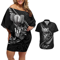 Personalised All Black New Zealand Darts Couples Matching Off Shoulder Short Dress and Hawaiian Shirt Aoteroa Fern Maori Galaxy Style
