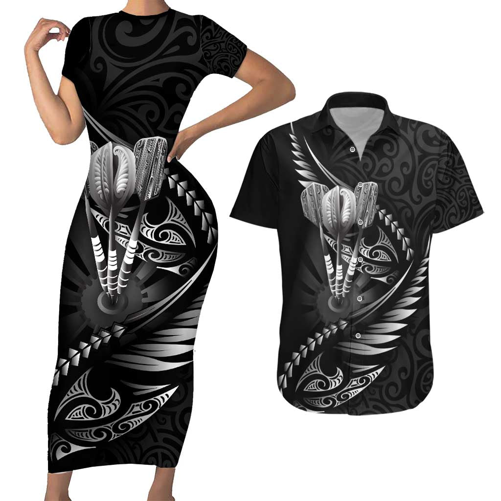 Personalised All Black New Zealand Darts Couples Matching Short Sleeve Bodycon Dress and Hawaiian Shirt Aoteroa Fern Maori Galaxy Style