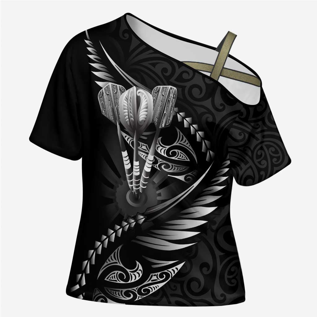 Personalised All Black New Zealand Darts Cross Shoulder Shirt Aoteroa Fern Maori Galaxy Style - Polynesian Pride
