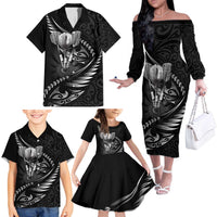 Personalised All Black New Zealand Darts Family Matching Off The Shoulder Long Sleeve Dress and Hawaiian Shirt Aoteroa Fern Maori Galaxy Style
