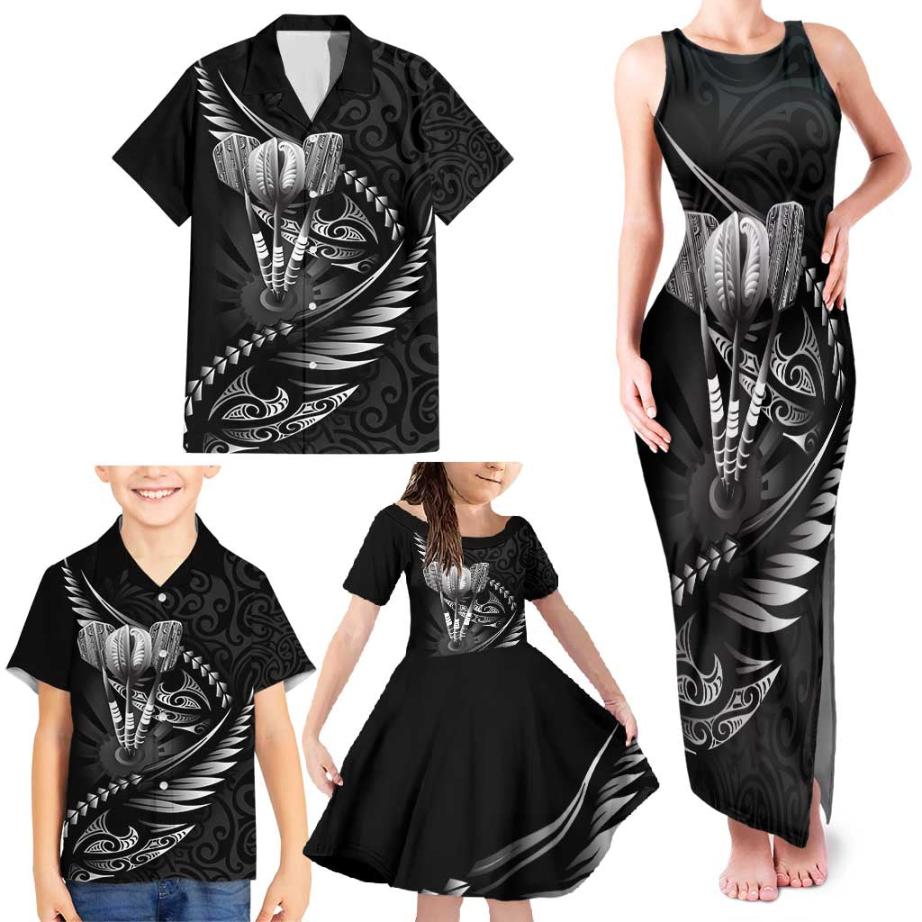 Personalised All Black New Zealand Darts Family Matching Tank Maxi Dress and Hawaiian Shirt Aoteroa Fern Maori Galaxy Style