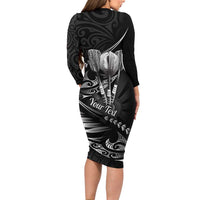 Personalised All Black New Zealand Darts Long Sleeve Bodycon Dress Aoteroa Fern Maori Galaxy Style