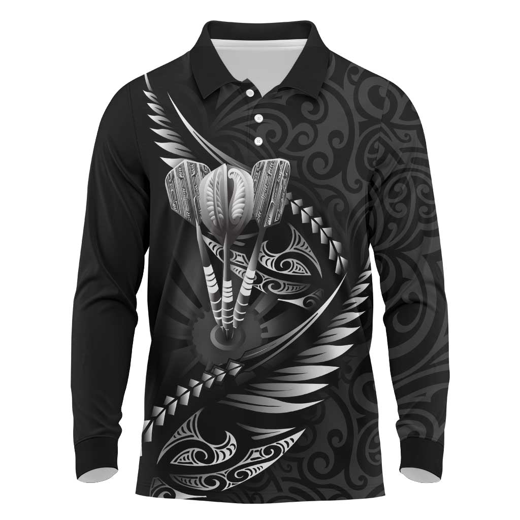 Personalised All Black New Zealand Darts Long Sleeve Polo Shirt Aoteroa Fern Maori Galaxy Style