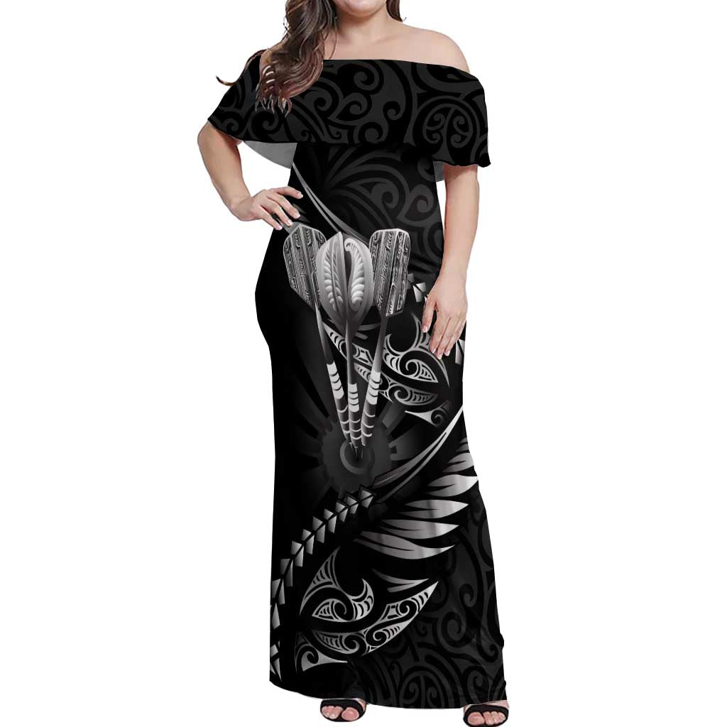 Personalised All Black New Zealand Darts Off Shoulder Maxi Dress Aoteroa Fern Maori Galaxy Style
