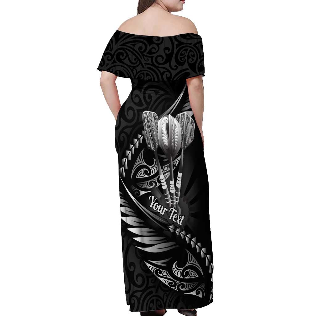 Personalised All Black New Zealand Darts Off Shoulder Maxi Dress Aoteroa Fern Maori Galaxy Style