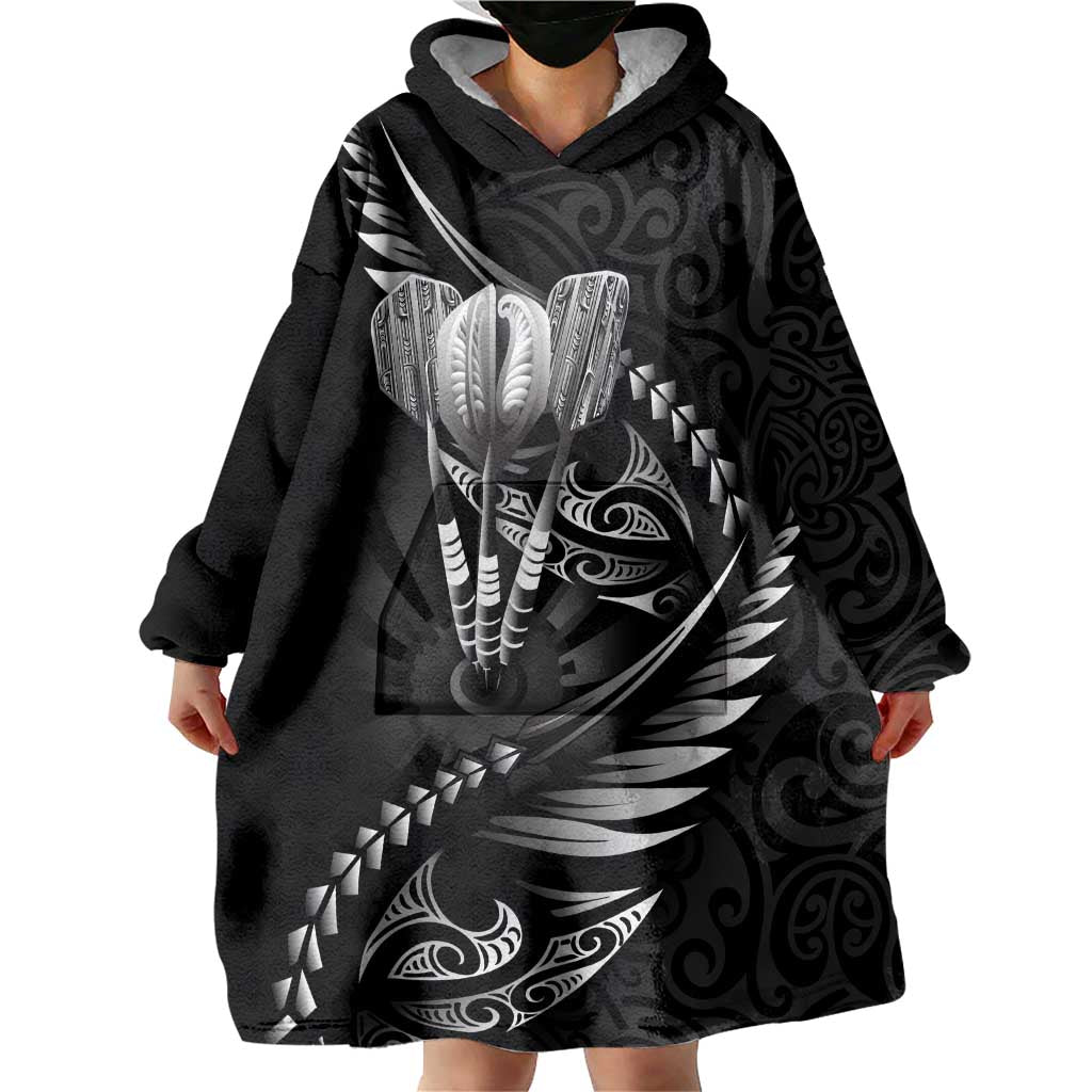 Personalised All Black New Zealand Darts Wearable Blanket Hoodie Aoteroa Fern Maori Galaxy Style